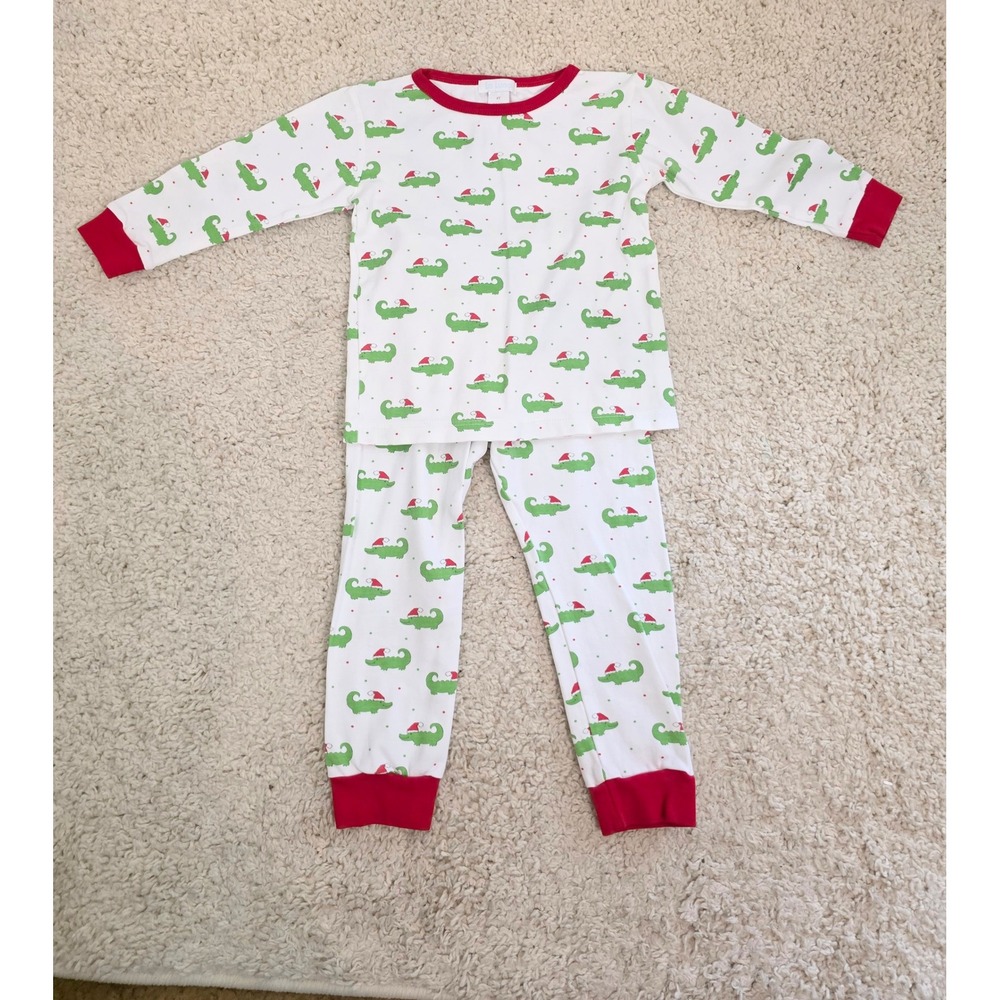 La Luna Christmas Alligator Pajamas Set 4T White Red Green Santa Hat Holiday